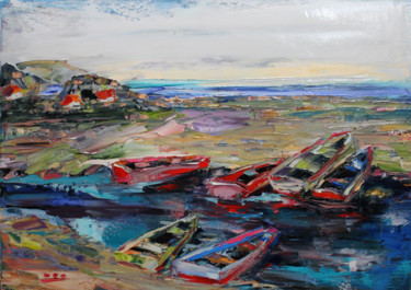 Картина под названием "A quiet harbor. Boa…" - Oleg Sharapanovsky, Подлинное произведение искусства, Масло Установлен на Дер…