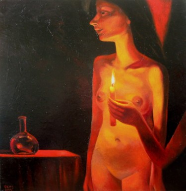 Painting titled "Late Guest" by Oleg Sheludyakov, Original Artwork, Oil