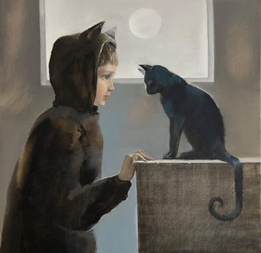 Картина под названием "луна и коты" - Oleg Tchoubakov, Подлинное произведение искусства, Масло