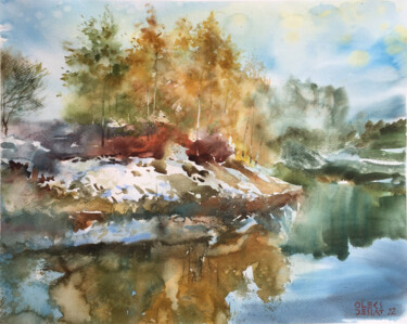 Painting titled "First snow" by Oleksandr Desiat, Original Artwork, Watercolor