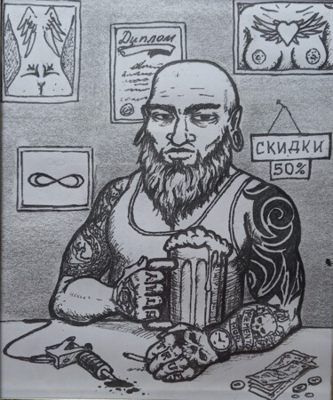 Painting titled "Old school tattooer" by Oleksandr Koval, Original Artwork, Pencil