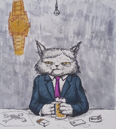 Painting titled "Tired office cat" by Oleksandr Koval, Original Artwork, Marker