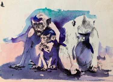 Pittura intitolato "Monkeys" da Oleksandra Belyaeva, Opera d'arte originale, Acquarello