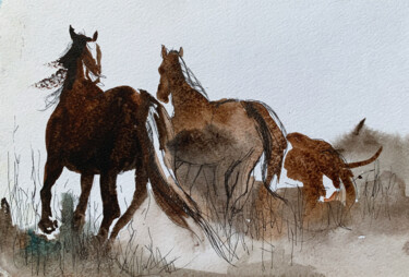 Painting titled "Horses" by Oleksandra Belyaeva, Original Artwork, Watercolor