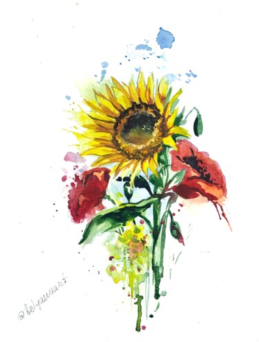 Картина под названием "sunflower with popp…" - Oleksandra Belyaeva, Подлинное произведение искусства, Акварель