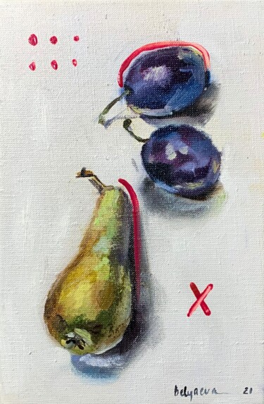 Картина под названием "pear and plums" - Oleksandra Belyaeva, Подлинное произведение искусства, Масло