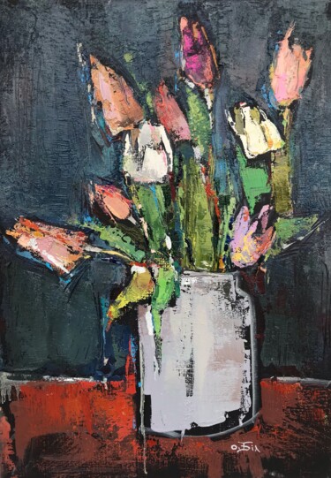 Painting titled "Just tulips" by Oleksandra Bilobran, Original Artwork, Oil Mounted on Wood Stretcher frame
