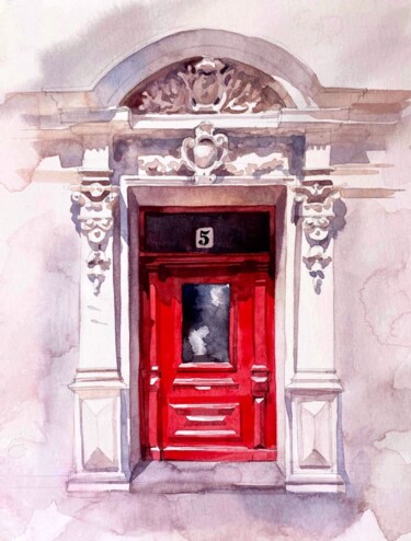 Pintura titulada "Red door" por Oleksandra Hoha, Obra de arte original, Acuarela