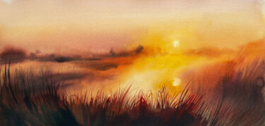 Schilderij getiteld "Sunset over the riv…" door Oleksandra Hoha, Origineel Kunstwerk, Aquarel