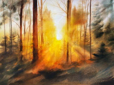 Malarstwo zatytułowany „Sunset in the forest” autorstwa Oleksandra Hoha, Oryginalna praca, Akwarela