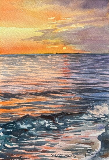 Malerei mit dem Titel "Sunset on the sea" von Oleksandra Padushyna, Original-Kunstwerk, Aquarell