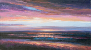 Painting titled "SEA SUNSET 05" by Oleksii Vylusk, Original Artwork, Oil Mounted on Wood Stretcher frame