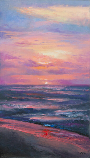 Painting titled "SEA SUNSET 06" by Oleksii Vylusk, Original Artwork, Oil Mounted on Wood Stretcher frame