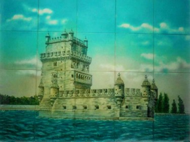 Painting titled "Torre de Belém (ori…" by Olen, Original Artwork, Stained glass painting Mounted on Wood Panel