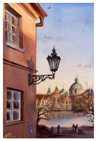 Painting titled "Prague. Sunset view" by Olena Anopriienko, Original Artwork, Watercolor