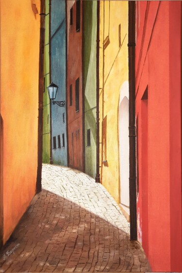 "Sunny street" başlıklı Tablo Olena Berest tarafından, Orijinal sanat, Petrol Ahşap Sedye çerçevesi üzerine monte edilmiş