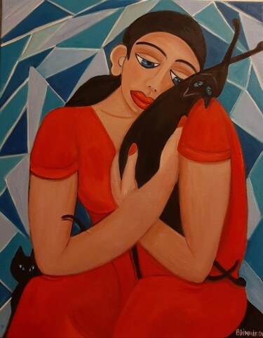 Pintura intitulada "Mulher com dois gat…" por Olena Blinnikova, Obras de arte originais, Óleo Montado em Armação em madeira
