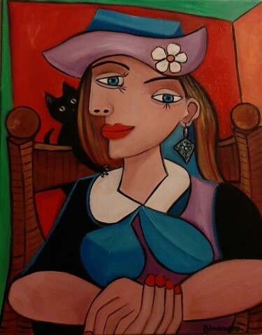 Painting titled "Mulher com gatinho" by Olena Blinnikova, Original Artwork, Oil Mounted on Wood Stretcher frame