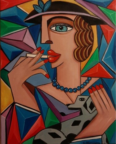 Painting titled "Mulher com um cacho…" by Olena Blinnikova, Original Artwork, Oil Mounted on Wood Stretcher frame