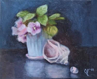 Painting titled "Indoor Flowers, She…" by Olena Kucher, Original Artwork, Oil Mounted on Wood Stretcher frame