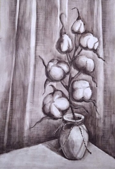 Картина под названием "Cotton sprig,  cott…" - Olena Kucher, Подлинное произведение искусства, Акварель