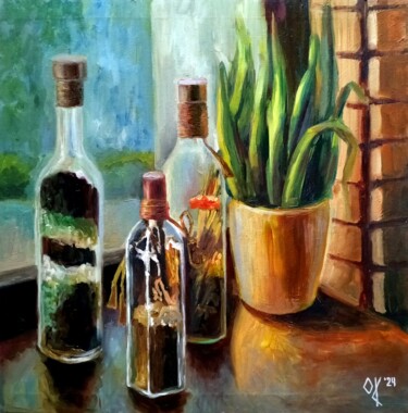 Painting titled "Уellow-green Painti…" by Olena Kucher, Original Artwork, Oil Mounted on Wood Stretcher frame