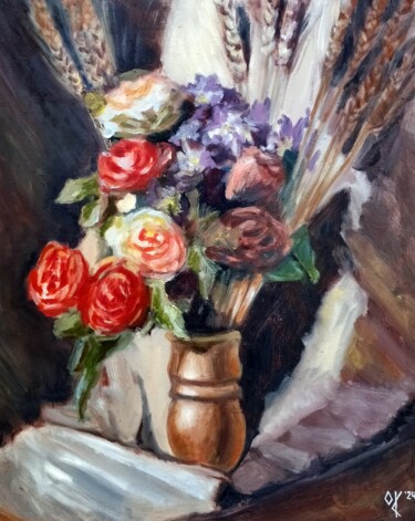 Painting titled "Bouquet of Roses an…" by Olena Kucher, Original Artwork, Oil