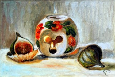 Painting titled "Аroma Lamp and Figs" by Olena Kucher, Original Artwork, Oil Mounted on Cardboard