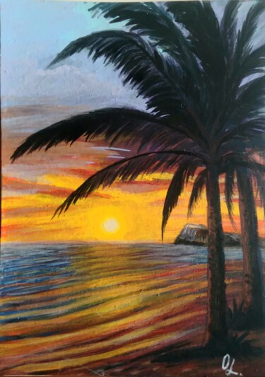 Pittura intitolato "Закат под пальмами." da Olena Lisova, Opera d'arte originale, Acrilico Montato su Cartone