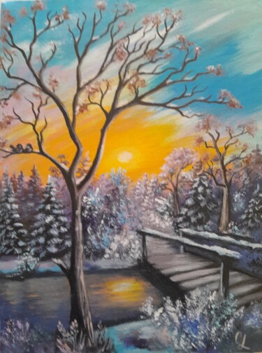 Картина под названием "Мостик в зимний лес" - Olena Lisova, Подлинное произведение искусства, Акрил Установлен на Деревянная…