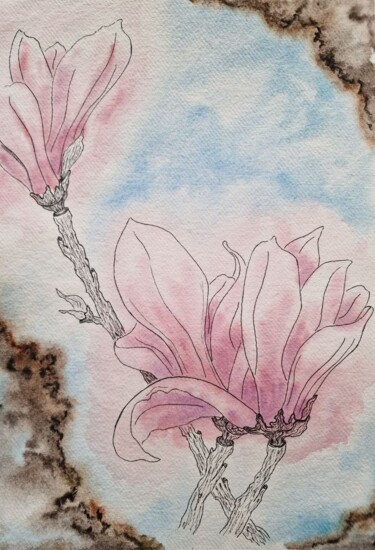 Malerei mit dem Titel "Вurnt flowers" von Olena Yemelianova, Original-Kunstwerk, Aquarell