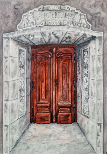 Malerei mit dem Titel "Mysterious door" von Olena Yemelianova, Original-Kunstwerk, Aquarell