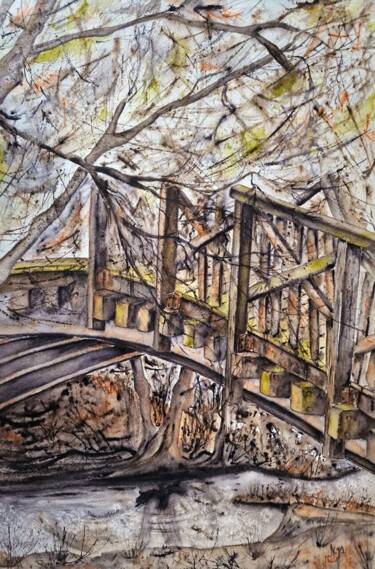 Картина под названием "The lost bridge" - Olena Yemelianova, Подлинное произведение искусства, Акварель