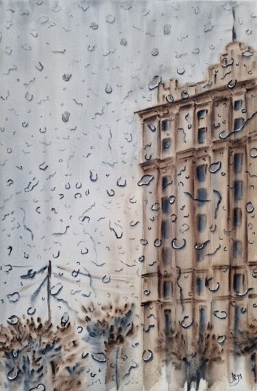 Painting titled "Rain outside the wi…" by Olena Yemelianova, Original Artwork, Watercolor
