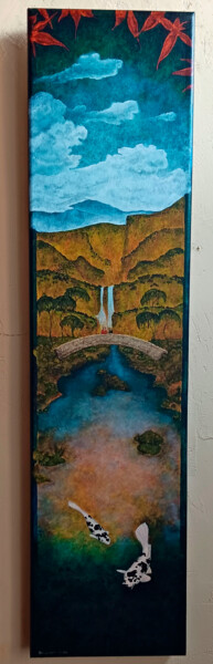 Schilderij getiteld "El puente de koi" door Oleos Heiko, Origineel Kunstwerk, Olie Gemonteerd op Frame voor houten brancard