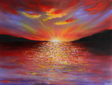 Painting titled "Sunbeams Path" by Olesia Lebedenko, Original Artwork, Oil Mounted on Wood Stretcher frame