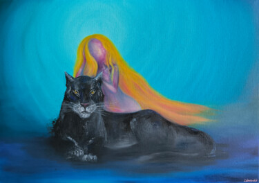 Pintura titulada "Black panther, spac…" por Olesia Lebedenko, Obra de arte original, Oleo Montado en Bastidor de camilla de…