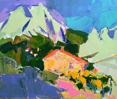 Pittura intitolato "house near the rocks" da Olesia Lishaeva, Opera d'arte originale, Acrilico Montato su Altro pannello rig…