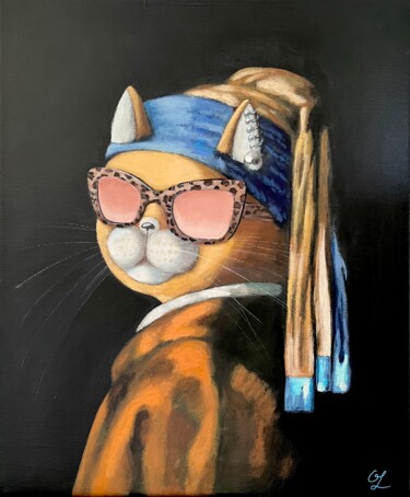 「Cat with a Pearl Ea…」というタイトルの絵画 Olesya Izmaylovaによって, オリジナルのアートワーク, アクリル ウッドストレッチャーフレームにマウント