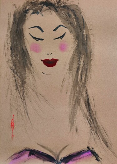 Dessin intitulée "She is in pink" par Olesya Nikolaeva, Œuvre d'art originale, Encre