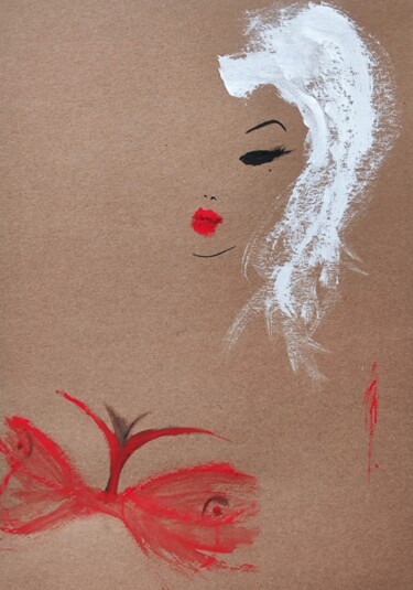 Dessin intitulée "Beauté en rouge" par Olesya Nikolaeva, Œuvre d'art originale, Encre