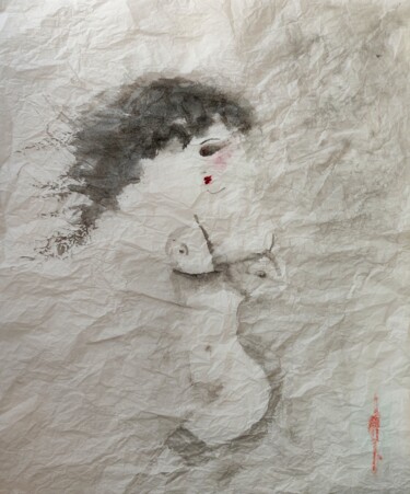 Drawing titled "Warm hugging" by Olesya Nikolaeva, Original Artwork, Ink