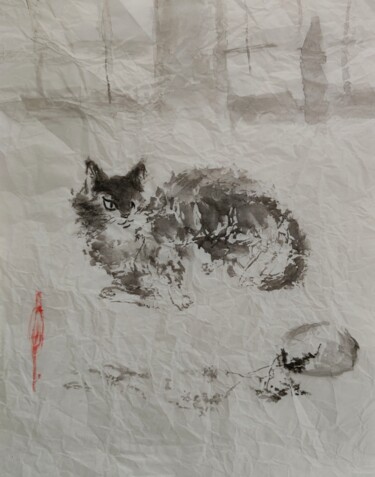 Dessin intitulée "Naughty cat" par Olesya Nikolaeva, Œuvre d'art originale, Encre