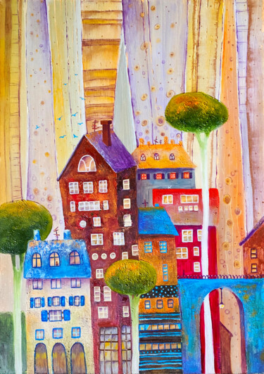 Painting titled "WHIMSICAL CITY UNDE…" by Olesya Rubinova, Original Artwork, Oil Mounted on Wood Stretcher frame