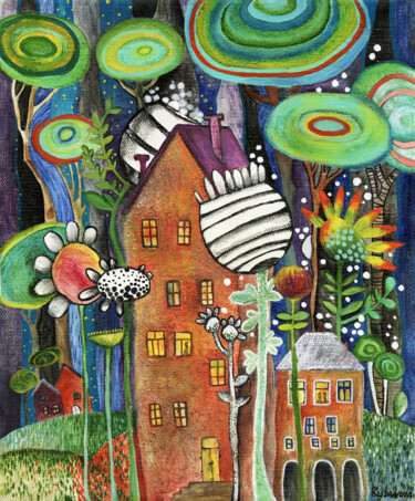 Картина под названием "FANTASY FOREST" - Olesya Rubinova, Подлинное произведение искусства, Масло Установлен на Деревянная р…