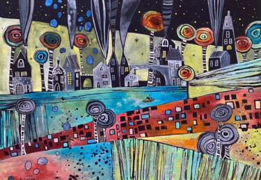 Schilderij getiteld "COLORFUL NIGHT" door Olesya Rubinova, Origineel Kunstwerk, Aquarel