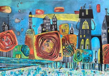 Painting titled "SEA TOWN" by Olesya Rubinova, Original Artwork, Watercolor