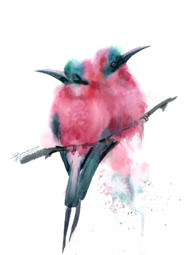 Painting titled "BEE EATER BIRDS ON…" by Paintispassion, Original Artwork, Watercolor