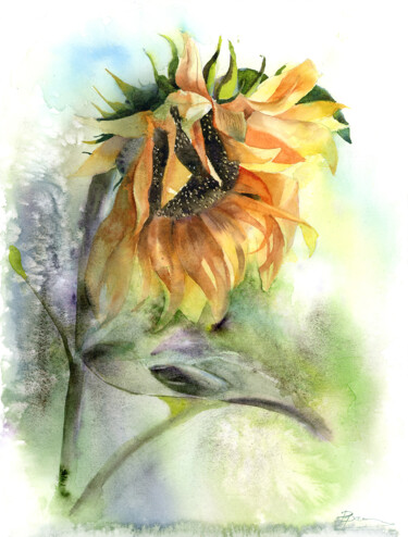 Schilderij getiteld "Sunflower - Origina…" door Paintispassion, Origineel Kunstwerk, Aquarel