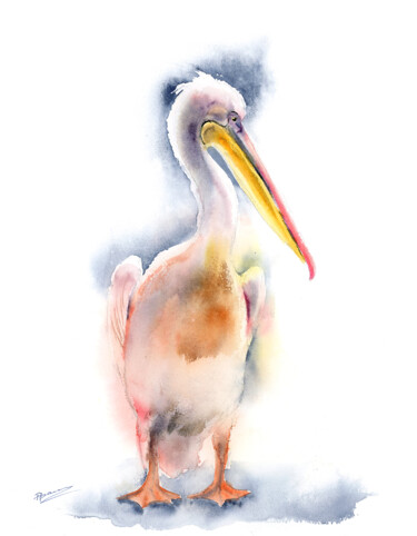 Картина под названием "Pink Pelican ( 1 of…" - Paintispassion, Подлинное произведение искусства, Акварель